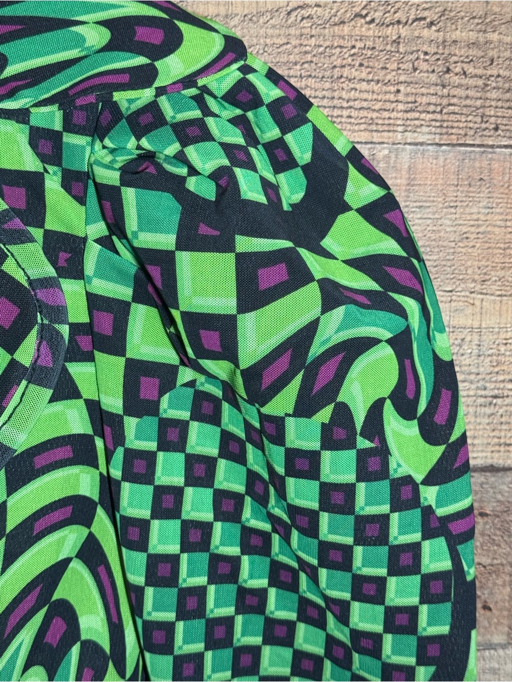 CQ by CQ Optical Checkered Green Puff-Sleeve Peplum Blazer size L Bold Artsy - Picture 7 of 13